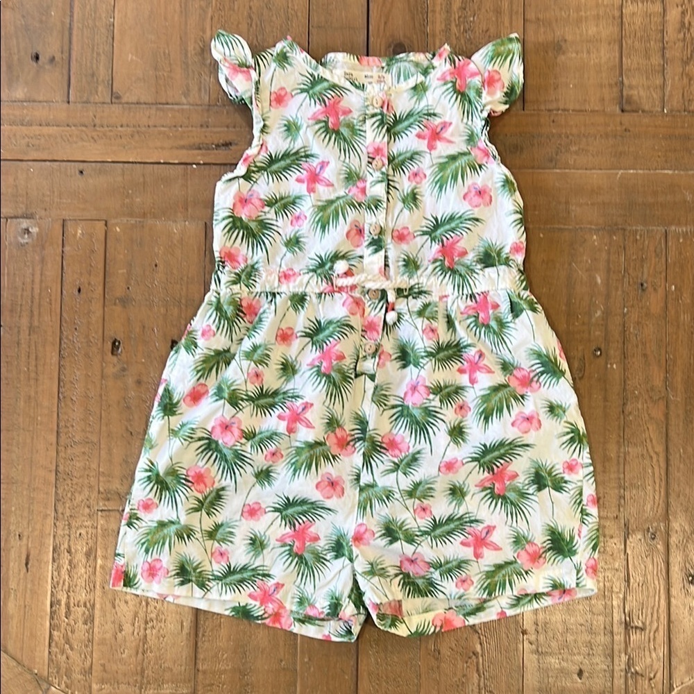 Zara tropical floral palm leaf short flutter sleeve romper
